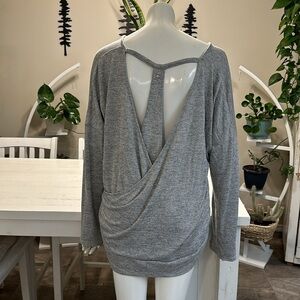 2XL grey Shambhala long sleeve keyhole open back  shirt pose layered